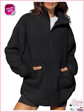Womens Full Zip Fleece Long Jacket Sherpa Sweatshirt Winter Coat Oversized